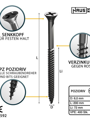 HausHalt Universal Holzbauschraube Holzschraube 6,0 x 200 mm PZ3 400 Stk. ( 4x 000051371223 ) silber verzinkt Kreuzschlitz Pozidriv Senkkopf Teilgewinde - Toolbrothers