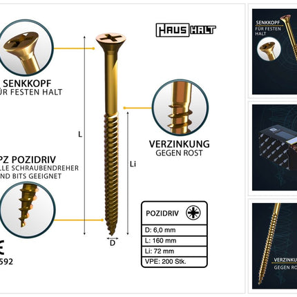 HausHalt Universal Holzbauschraube Holzschraube 6,0 x 160 mm PZ3 200 Stk. ( 2x 000051371220 ) gelb verzinkt Kreuzschlitz Pozidriv Senkkopf Teilgewinde - Toolbrothers