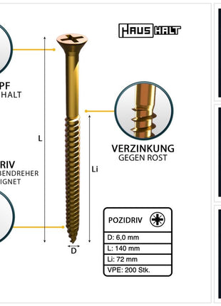 HausHalt Universal Holzbauschraube Holzschraube 6,0 x 140 mm PZ3 200 Stk. ( 2x 000051371217 ) gelb verzinkt Kreuzschlitz Pozidriv Senkkopf Teilgewinde - Toolbrothers