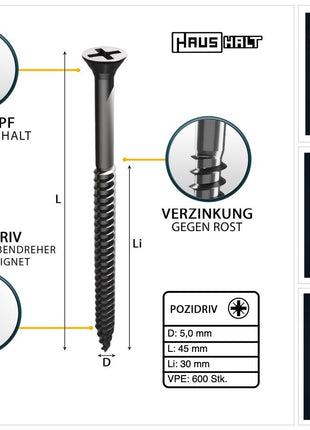 HausHalt Universal Holzbauschraube Holzschraube 5,0 x 45 mm PZ2 600 Stk. ( 2x 000051371196 ) silber verzinkt Kreuzschlitz Pozidriv Senkkopf Teilgewinde - Toolbrothers