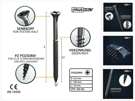 HausHalt Universal Holzbauschraube Holzschraube 5,0 x 120 mm PZ2 400 Stk. ( 4x 000051371185 ) silber verzinkt Kreuzschlitz Pozidriv Senkkopf Teilgewinde - Toolbrothers