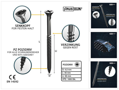 HausHalt Universal Holzbauschraube Holzschraube 4,5 x 45 mm PZ2 1600 Stk. ( 4x 000051371170 ) silber verzinkt Kreuzschlitz Pozidriv Senkkopf Teilgewinde - Toolbrothers