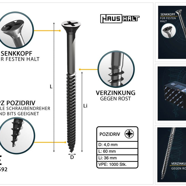HausHalt Tornillo universal para construcción de madera tornillo para madera 4,0 x 60 mm PZ2 1000 piezas (4x 000051371154) galvanizado plateado ranura transversal Pozidriv cabeza avellanada rosca parcial