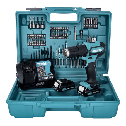 Makita HP 333 DSAX1 Akku Schlagbohrschrauber 12 V 30 Nm + 2x Akku 2,0 Ah + Ladegerät + 74 tlg. Bit und Bohrer Set + Koffer