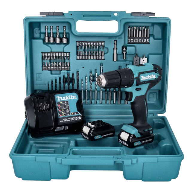 Taladro de percusión a batería Makita HP 333 DSAX1 12 V 30 Nm + 2x batería recargable 2,0 Ah + cargador + juego de brocas y puntas de 74 piezas + maletín
