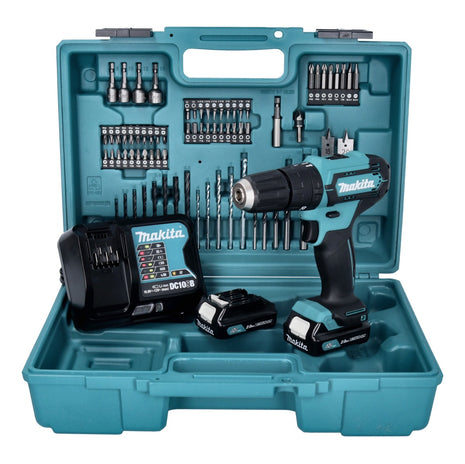 Makita HP 333 DSAX1 perceuse à percussion sans fil 12 V 30 Nm + 2 batteries 2,0 Ah + chargeur + jeu d'embouts et de forets 74 pièces + mallette