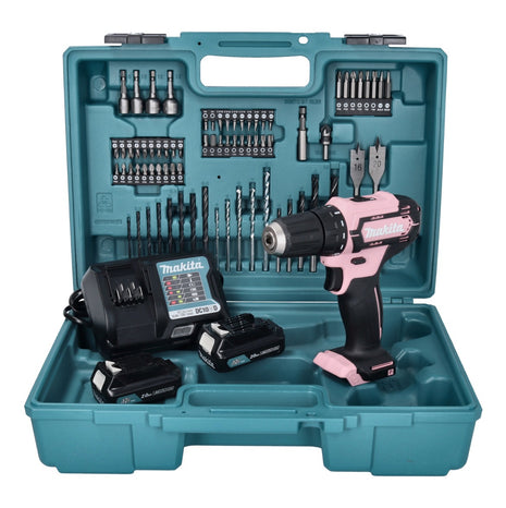 Makita DF 333 DWAP2 Perceuse-visseuse sans fil 12 V 30 Nm rose + 2x batterie 2,0 Ah + chargeur + kit d'accessoires + Coffret