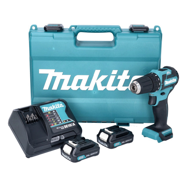 Taladro atornillador a batería Makita DF 332 DSAE 12 V 35 Nm sin escobillas + 2x batería recargable 10,8 V 2,0 Ah + cargador + maletín