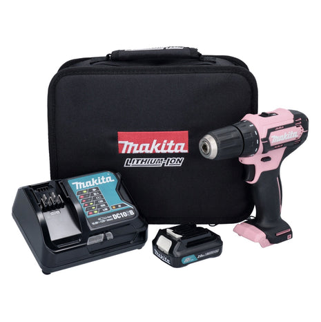 Makita DF 333 DSAP1 taladro atornillador inalámbrico 12 V 30 Nm rosa + 1x batería 2,0 Ah + cargador + bolsa