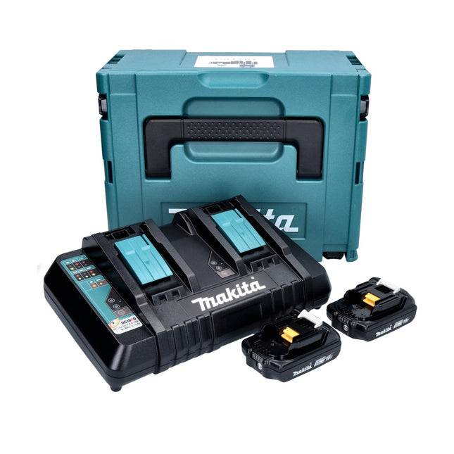 Kit alimentatore Makita 18 V con 2x batteria BL 1820 B 2,0 Ah ( 2x 197254-9 ) + caricatore rapido doppio DC 18 RD ( 196933-6 ) + Makpac