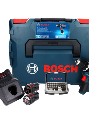 Bosch GSB 12V-35 Professional taladro percutor inalámbrico 12 V 35 Nm sin escobillas + 2x baterías 3,0 Ah + cargador + juego de puntas 32 piezas + L-Boxx