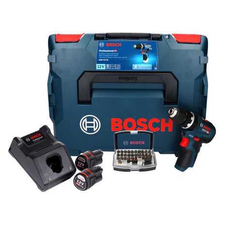 Bosch GSB 12V-35 Professional taladro percutor inalámbrico 12 V 35 Nm sin escobillas + 2x baterías 3,0 Ah + cargador + juego de puntas 32 piezas + L-Boxx