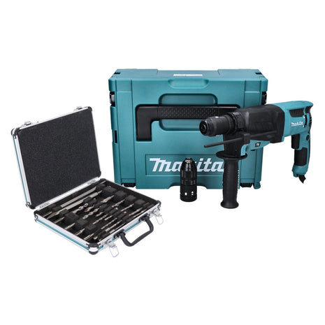 Makita HR 2630 TJ martillo combinado 800 W 2,4 J SDS Plus + portabrocas sin llave + juego de taladro y cincel de 13 piezas + Makpac