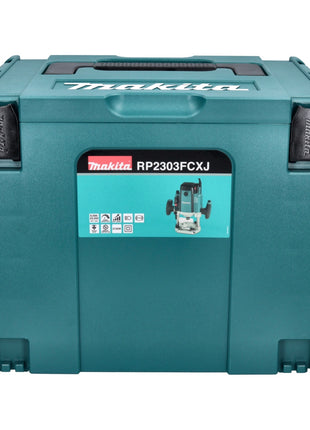 Makita RP 2303 FCXJ Oberfräse 2100 Watt 70 mm Hub + Anschlag + 15 tlg. Fräser Set + Makpac