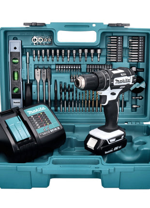 Makita DHP 482 SAX5W Akku Schlagbohrschrauber weiß 18 V 62 Nm + 1x Akku 2,0 Ah + Ladegerät + 101 tlg. Zubehör Set + Koffer