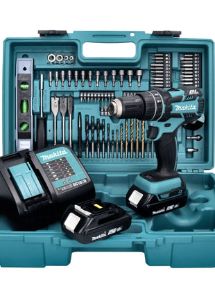 Taladro percutor inalámbrico Makita DHP 480 SA2X5 18 V 54 Nm + 2x baterías 2,0 Ah + cargador + set de accesorios 101 piezas + estuche