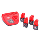 Milwaukee M12 NRG-304 Akku Starter Set 4x 12 V 3,0 Ah / 3000 mAh Li-Ion Akku ( 4x 4932451388 ) + M12-C12C Ladegerät ( 4932352000 )