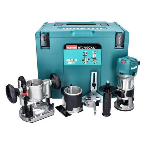 Fresadora multifuncional Makita RT 0702 CX2J 710 W 6 / 8 mm + módulo fresador + módulo fresador de cantos + módulo fresador angular + Makpac