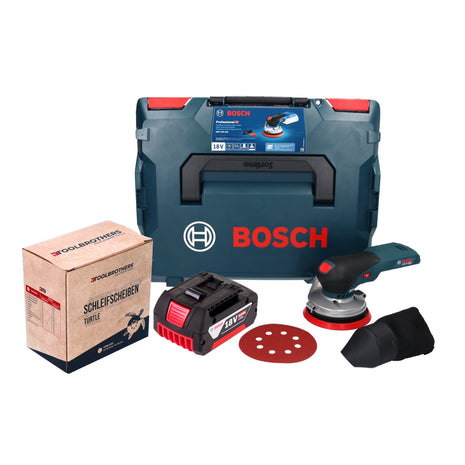 Lijadora excéntrica a batería Bosch GEX 18V-125 Professional 18 V 125 mm sin escobillas + 1x batería 5,0 Ah + 1x juego de lijado Toolbrothers TURTLE + L-BOXX - sin cargador