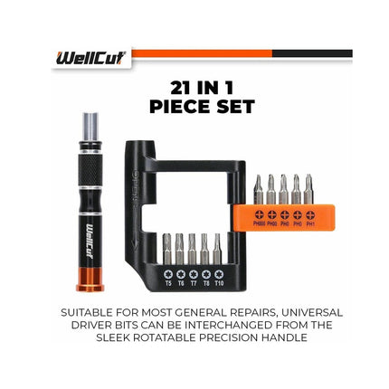 WellCut Präzisions-Mehrzweck-Schraubendreher-Bit-Set, Schraubendreher mit rutschfestem Griff, 20x Bits, Aufbewahrungsbox, 21-teilig ( WC-MPS21U )