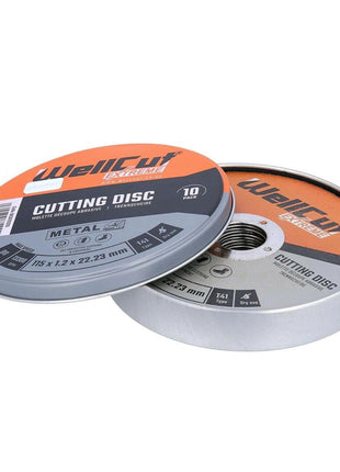 Disco de corte para metal WellCut 10x Extreme, diámetro 115 mm, espesor 1,2 mm, orificio 22,3 mm, en caja de metal, solo para uso en seco ( ‎WCA1152-10 )