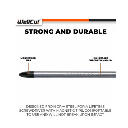 WellCut Juego de destornilladores magnéticos, 8 piezas, puntas ranuradas Phillips, acero al cromo vanadio con mangos de agarre suave (WC-SD8)