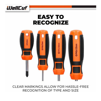 WellCut Juego de destornilladores magnéticos, 8 piezas, puntas ranuradas Phillips, acero al cromo vanadio con mangos de agarre suave (WC-SD8)