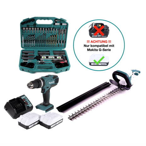 Taladro percutor a batería Makita HP 457 DWE 18 V + cortasetos a batería UH 522 DZ 18 V 52 cm (serie G) + 2 baterías de 1,5 Ah + cargador + set de 74 piezas