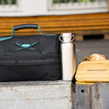 Toolbrothers Fan Lunchpaket in Makita Kühltasche mit Edelstahl Brotdose mit Bambus Deckel 1200 ml + Edelstahl Trinkflasche 500 ml + 4 in 1 Multifunktions Besteck - Toolbrothers