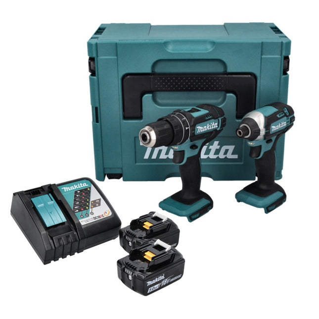 Makita DLX 2131 TJ kit combinado sin cable 18 V con DHP 482 62 Nm + DTD 152 165 Nm + 2x batería recargable 5.0 Ah + cargador + Makpac