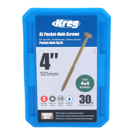 Kreg XL Pocket Hole Vis 4,0 x 100 mm, Filetage partiel Robertson, 30 pcs. (SML-C4X400-30)
