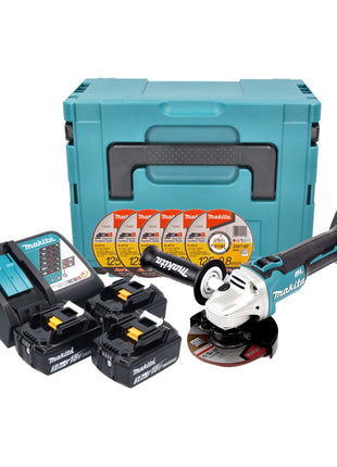 Meuleuse d'angle sur batterie Makita DGA 504 RFJ3 18 V 125 mm sans balais + 3 batteries 3,0 Ah + chargeur + 5 disques à tronçonner + Makpac