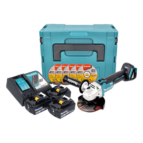 Amoladora angular a batería Makita DGA 504 RFJ3 18 V 125 mm sin escobillas + 3x baterías 3,0 Ah + cargador + 5x discos de corte + Makpac