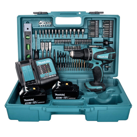 Makita DHP 456 SF2X5 Akku Schlagbohrschrauber 18 V 50 Nm + 2x Akku 3,0 Ah + Ladegerät + 101 tlg. Zubehör Set + Koffer