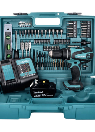 Taladro percutor inalámbrico Makita DHP 456 STX5 18 V 50 Nm + 1x batería 5,0 Ah + cargador + set de accesorios 101 piezas + estuche