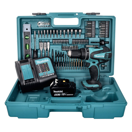 Taladro percutor inalámbrico Makita DHP 456 SGX5 18 V 50 Nm + 1x batería 6,0 Ah + cargador + set de accesorios 101 piezas + estuche