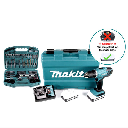 Makita DF 457 DWE 10 Cordless Drill Driver 42Nm G Series 18V + 2x Batteries 1.5Ah + Charger + Case + Set of 101 Drill Bits