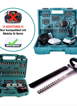 Makita DF 457 DWE Akku Bohrschrauber 18 V 42 Nm G-Serie + Makita UH 522 DZ Akku Heckenschere + 2x Akku 1,5 Ah + Ladegerät + 101 tlg. Bit Bohrer Set + Koffer