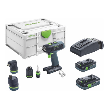 Festool T 18+3 HPC 4,0 I-Set akumulatorowa wiertarko-wkrętarka 18 V 50 Nm bezszczotkowa ( 576989 ) + 2x akumulator 4,0 Ah + ładowarka + przystawka mimośrodowa + przystawka kątowa + systainer