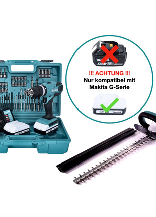 Makita DF 457 DWE Akku Bohrschrauber 18 V 42 Nm G-Serie + Makita UH 522 DZ Akku Heckenschere 18 V 52 cm + 2x Akku 1,5 Ah + Ladegerät + Koffer - Toolbrothers