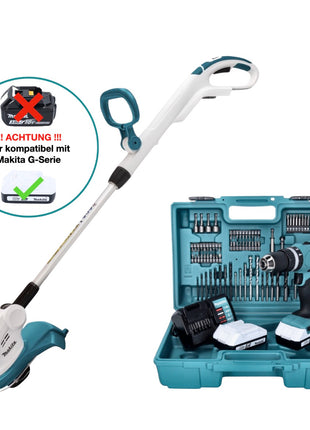 Makita UR 180 DZ Akku Rasentrimmer 18 V 260 mm G-Serie + HP 457 DWE10 Akku Schlagbohrschrauber 18 V 42 Nm + 2x Akku 1,5 Ah + Ladegerät + 74 tlg. Bit Bohrer Set