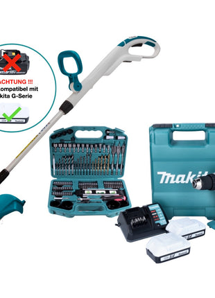 Makita DF 488 DWE10 perceuse-visseuse sans fil 18 V 42 Nm série G + coupe-herbe sans fil Makita UR 180 DZ + 2 batteries 1,5 Ah + chargeur + jeu de 101 embouts + mallette