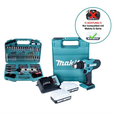 Taladro atornillador inalámbrico Makita DF 488 DWE10 18 V 42 Nm Serie G + 2 baterías 1,5 Ah + cargador + juego de brocas de 101 piezas + estuche