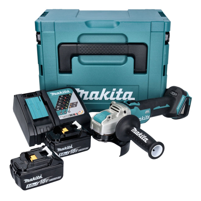 Makita DGA 521 RTX1J Amoladora angular sin cable 18 V 125 mm X-LOCK Brushless + 2x batería 5.0 Ah + cargador + Makpac