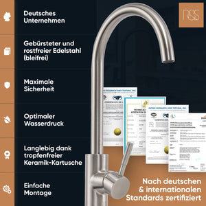 Rosenhahn & Söhne Föhr 200 Küchenarmatur 360° drehbarer Wasserhahn Küche - Armatur Küche [gebürsteter Edelstahl] - 2-fach verstellbare Spültischarmatur + Anschlussschläuche