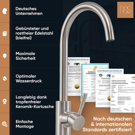 Rosenhahn & Söhne Föhr 200 Küchenarmatur 360° drehbarer Wasserhahn Küche - Armatur Küche [gebürsteter Edelstahl] - 2-fach verstellbare Spültischarmatur + Anschlussschläuche - Toolbrothers