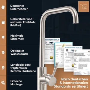 Rosenhahn & Söhne Föhr 100 Küchenarmatur 360° drehbarer Wasserhahn Küche - Armatur Küche [gebürsteter Edelstahl] - 2-fach verstellbare Spültischarmatur + Anschlussschläuche