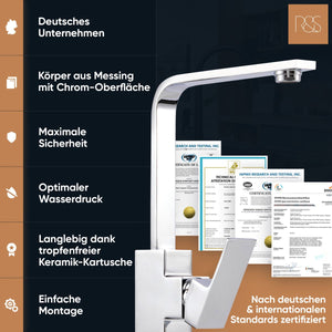 Rosenhahn & Söhne Juist 100 Küchenarmatur 360° Drehbarer Wasserhahn Küche - Armatur Küche [Chrom] - 2-fach verstellbare Spültischarmatur + Anschlussschläuche