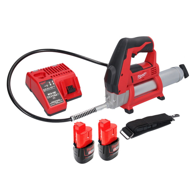 Milwaukee M12 GG-202C cordless grease gun 12 V 562 bar + 2x rechargeable battery 2.0 Ah + charger