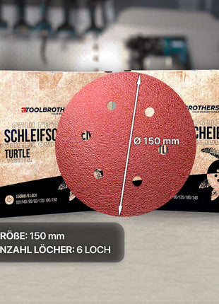 Toolbrothers TURTLE Schleifset 150 mm Klett 6 Loch je 10x P40 / P60 / P80 / P120 / P180 / 240 für Hartholz, Weichholz, Lack, Stein, Stahl, Aluminium, Furnier - Toolbrothers